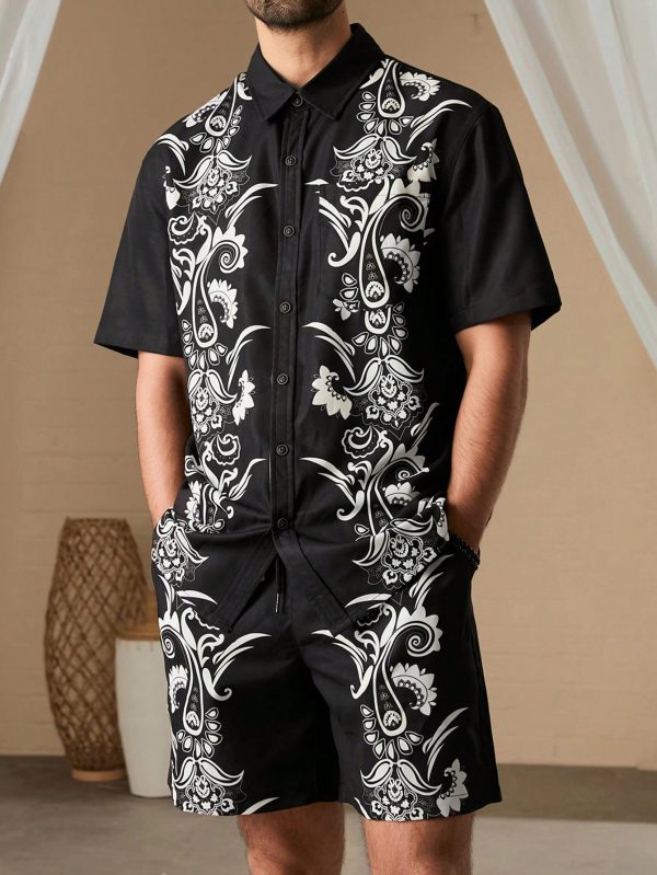 Men Printed Short Sleeve Shirt With Lapel And Front Buttons, Matched With Pocket Shorts, Summer Casual Outfits