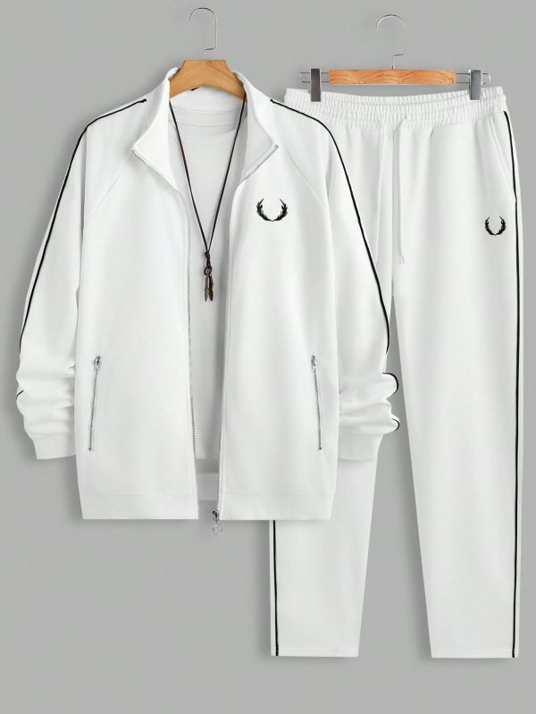 Men's Casual Contrast Trim Printed Sweatshirt And Sweatpants Set, Spring And Autumn