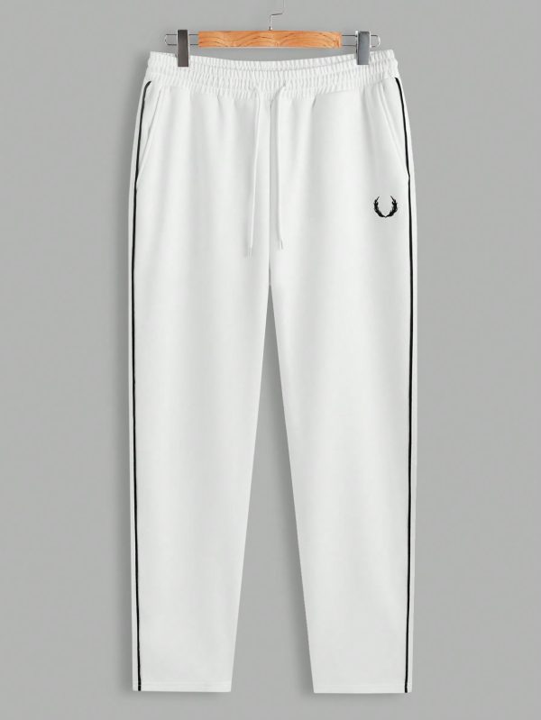 Men's Casual Contrast Trim Printed Sweatshirt And Sweatpants Set, Spring And Autumn