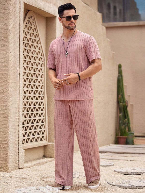 2pcs/Set Men's Notched Neck Short Sleeve T-Shirt And Straight-Leg Casual Pants Outfit