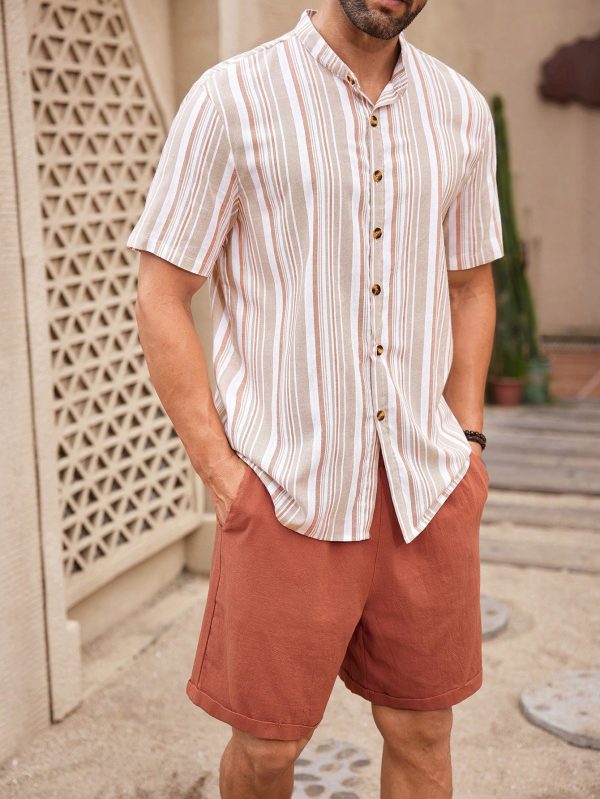 2pcs Men's Button-Down Short Sleeve Striped Shirt Top And Pocket Casual Shorts Set