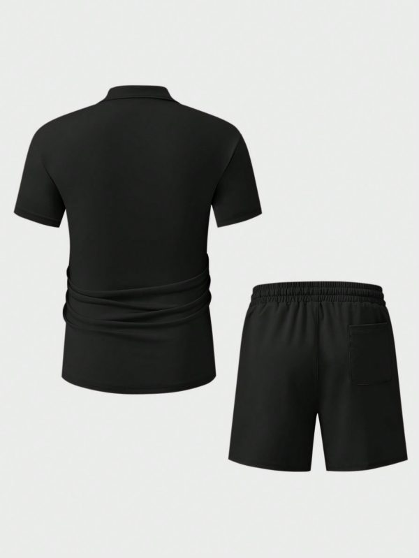 Men's Solid Color Half-Placket Zipper Short Sleeve Polo T-Shirt And Drawstring Waist Shorts Set, Summer