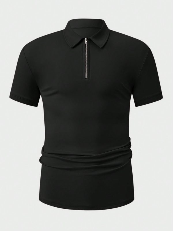 Men's Solid Color Half-Placket Zipper Short Sleeve Polo T-Shirt And Drawstring Waist Shorts Set, Summer
