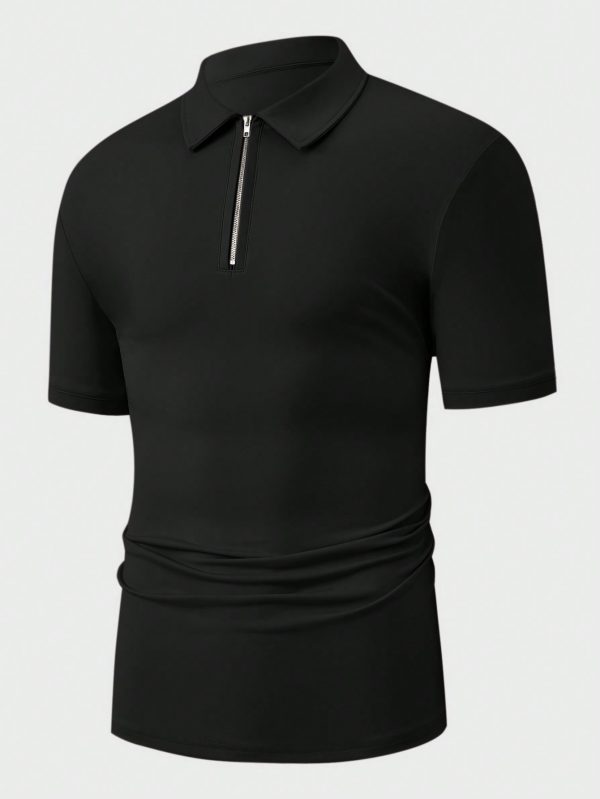 Men's Solid Color Half-Placket Zipper Short Sleeve Polo T-Shirt And Drawstring Waist Shorts Set, Summer