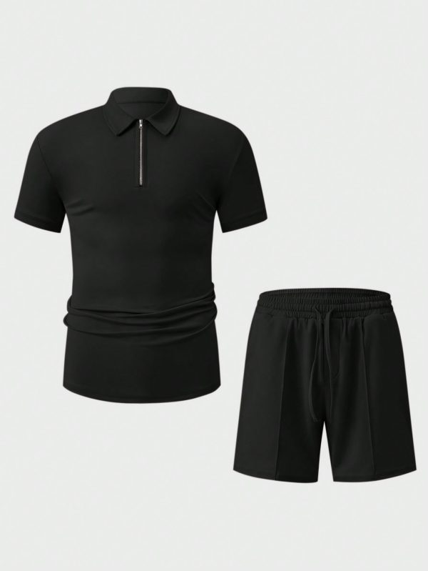 Men's Solid Color Half-Placket Zipper Short Sleeve Polo T-Shirt And Drawstring Waist Shorts Set, Summer