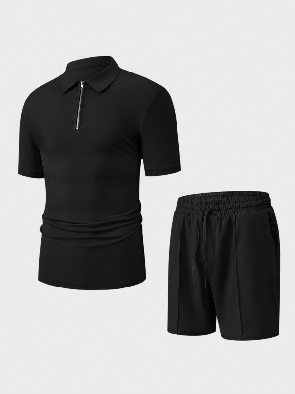 Men's Solid Color Half-Placket Zipper Short Sleeve Polo T-Shirt And Drawstring Waist Shorts Set, Summer