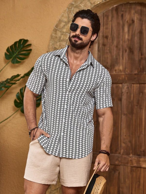 Men's Short Sleeve Casual Shirt, Button Up Collar Graphic Shirt For Vacation