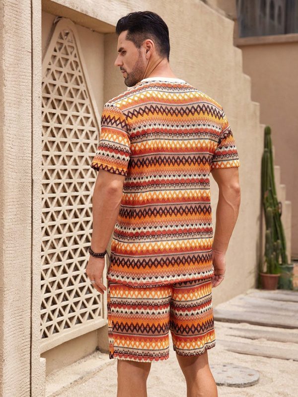 Men's Summer Holiday Geometric Printed Crew Neck Short Sleeve Graphic Tee And Shorts Casual Set