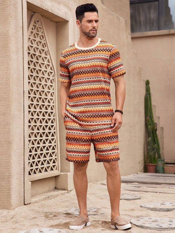 Men's Summer Holiday Geometric Printed Crew Neck Short Sleeve Graphic Tee And Shorts Casual Set