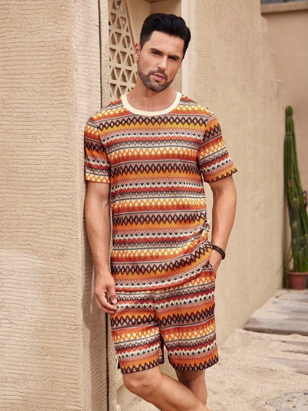 Men's Summer Holiday Geometric Printed Crew Neck Short Sleeve Graphic Tee And Shorts Casual Set
