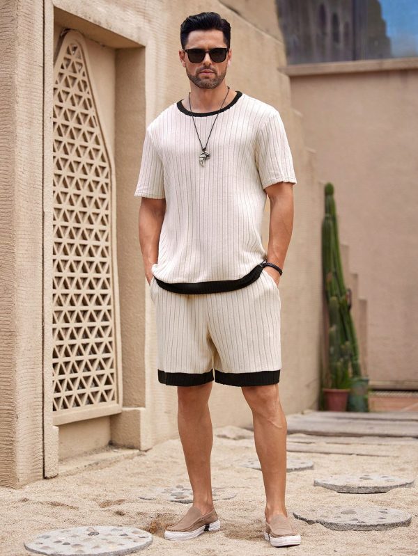 2pcs Men's Casual Colorblock Round Neck Short Sleeve Ribbed T-Shirt And Flap Pocket Shorts Set, Summer