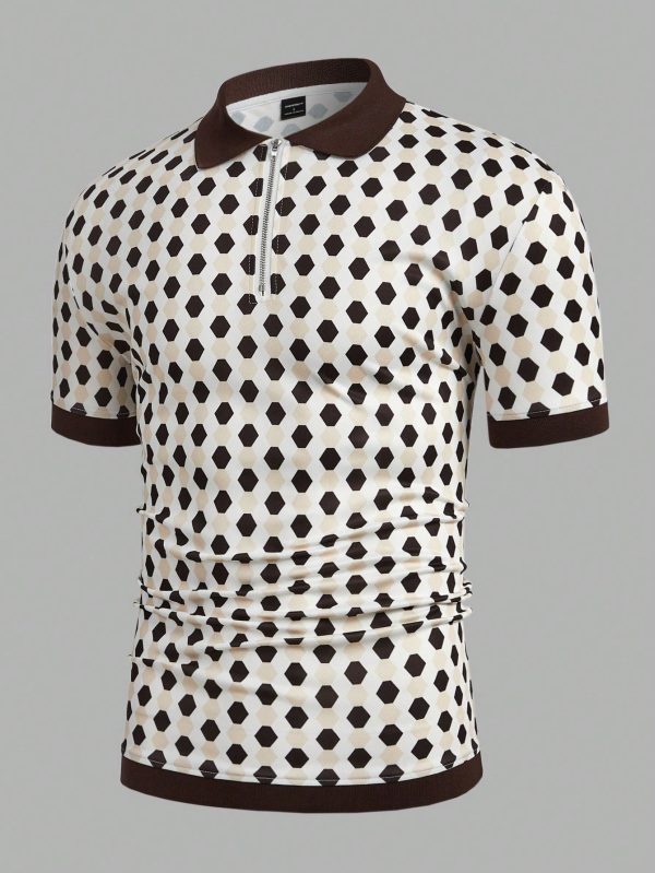 Men Summer Geometric Print Zipper Half-Placket Color Block Short-Sleeved Casual And Business Polo Shirt