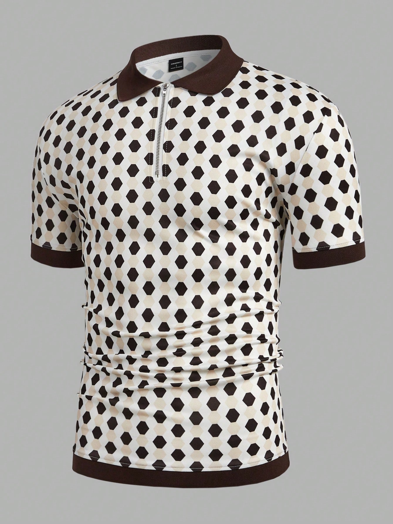 Men Summer Geometric Print Zipper Half-Placket Color Block Short-Sleeved Casual And Business Polo Shirt