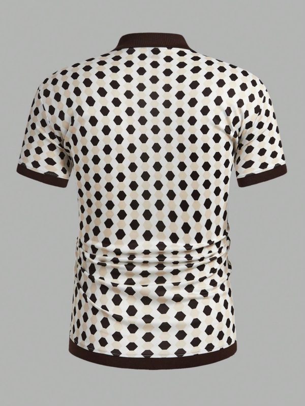 Men Summer Geometric Print Zipper Half-Placket Color Block Short-Sleeved Casual And Business Polo Shirt