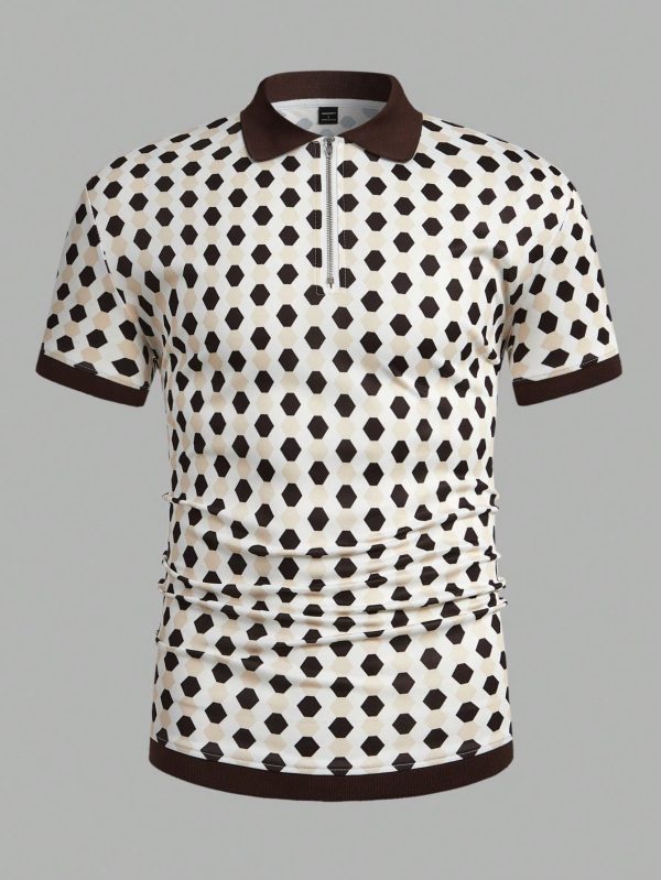 Men Summer Geometric Print Zipper Half-Placket Color Block Short-Sleeved Casual And Business Polo Shirt