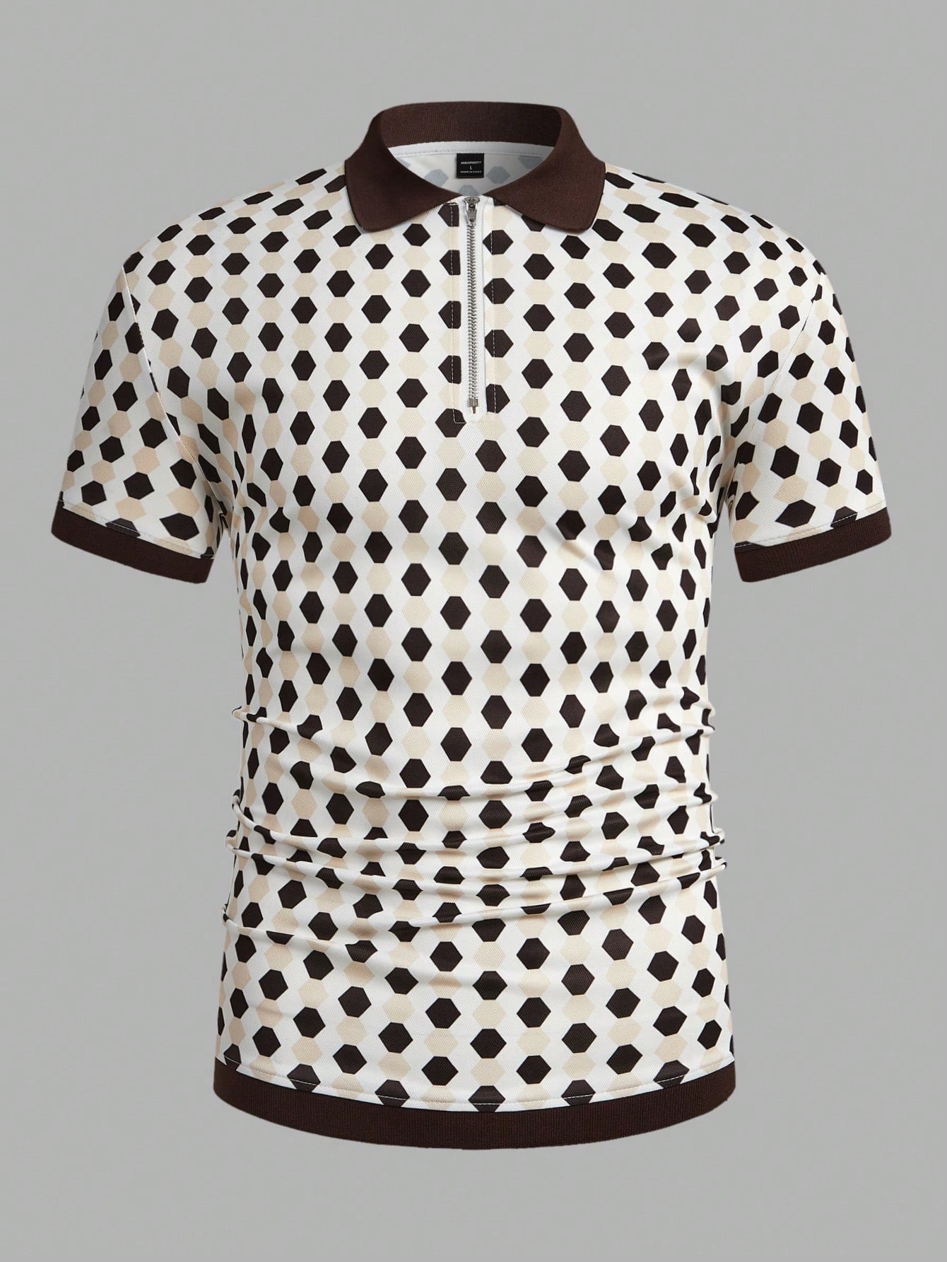 Men Summer Geometric Print Zipper Half-Placket Color Block Short-Sleeved Casual And Business Polo Shirt