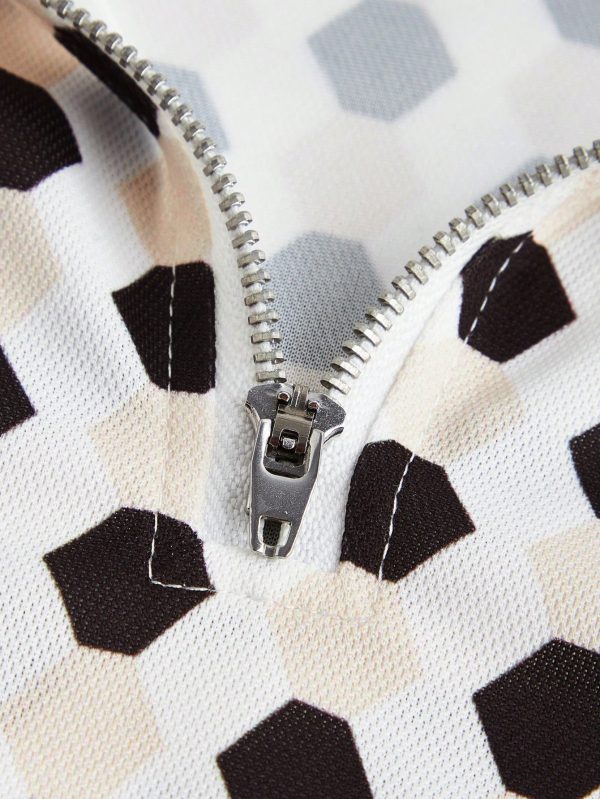 Men Summer Geometric Print Zipper Half-Placket Color Block Short-Sleeved Casual And Business Polo Shirt