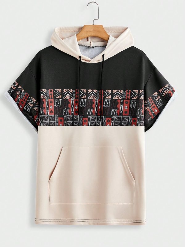 Men's Short Sleeve HoodedPatchwork Sweatshirt