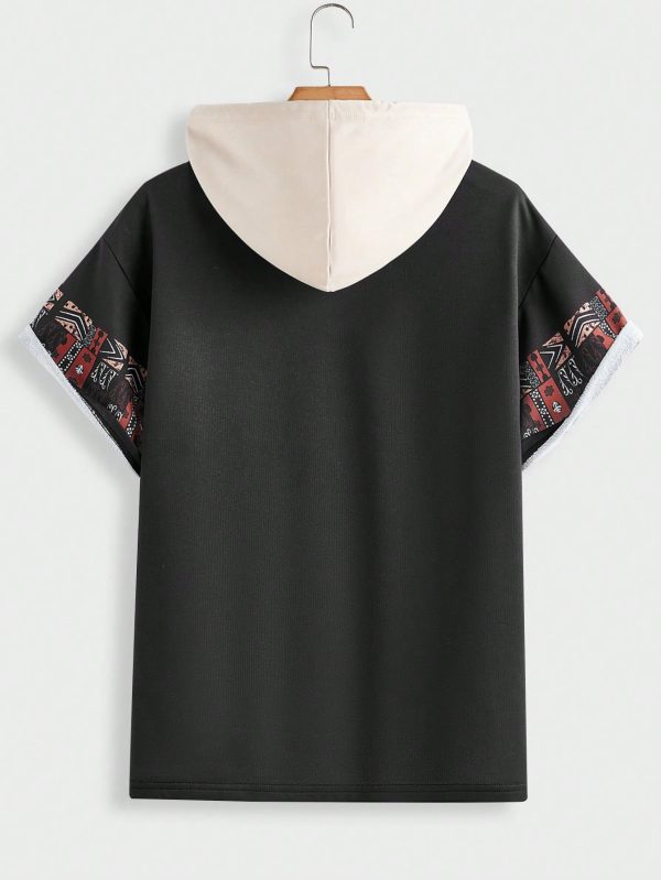 Men's Short Sleeve HoodedPatchwork Sweatshirt