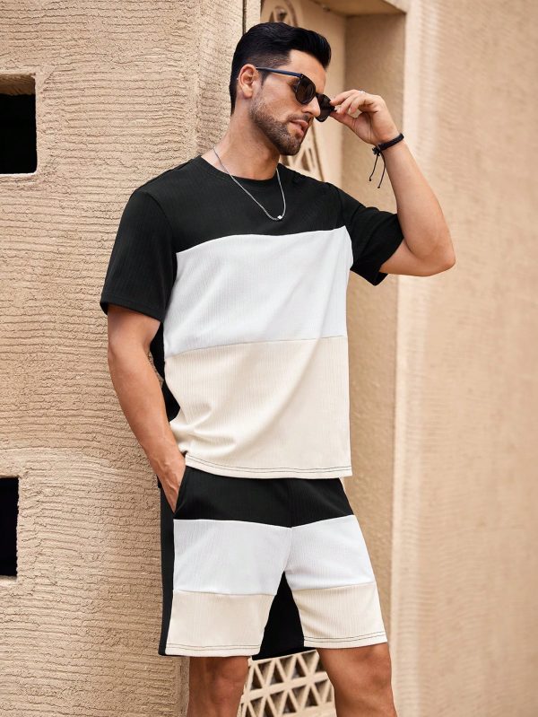 2pcs/Set Men's Patchwork Ribbed Crew Neck Short Sleeve Tee And Shorts Set