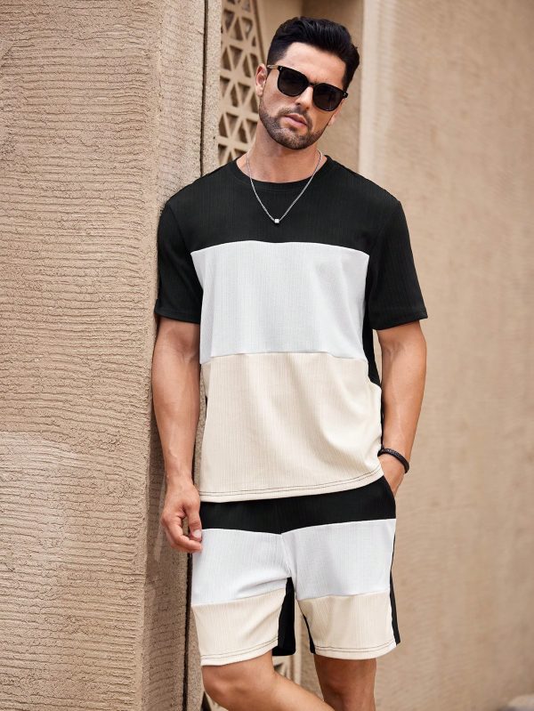 2pcs/Set Men's Patchwork Ribbed Crew Neck Short Sleeve Tee And Shorts Set