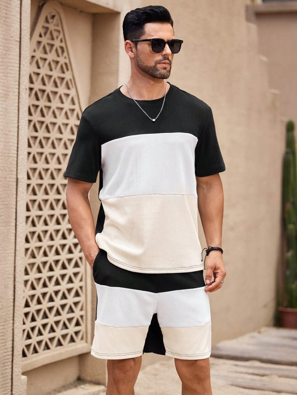 2pcs/Set Men's Patchwork Ribbed Crew Neck Short Sleeve Tee And Shorts Set