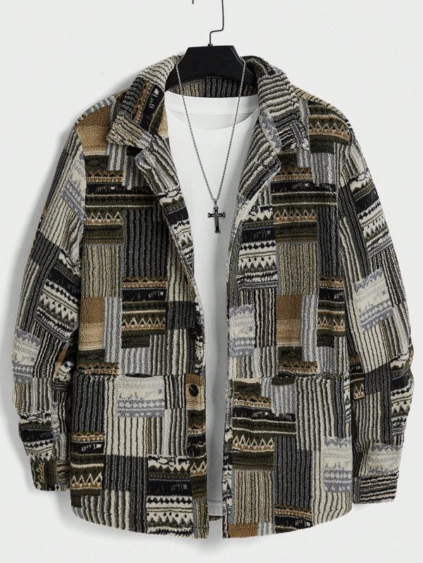Men's Button-Up PlushPrinted Long Sleeve Fashionable Jacket Coat For Daily Wear