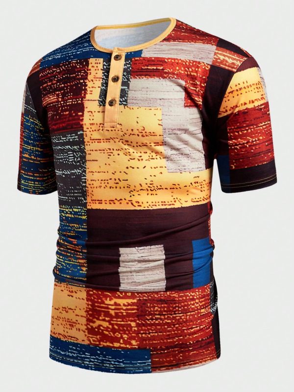 Men's Casual Henry Neck Short Sleeve T-Shirt, Multi-Color, Summer