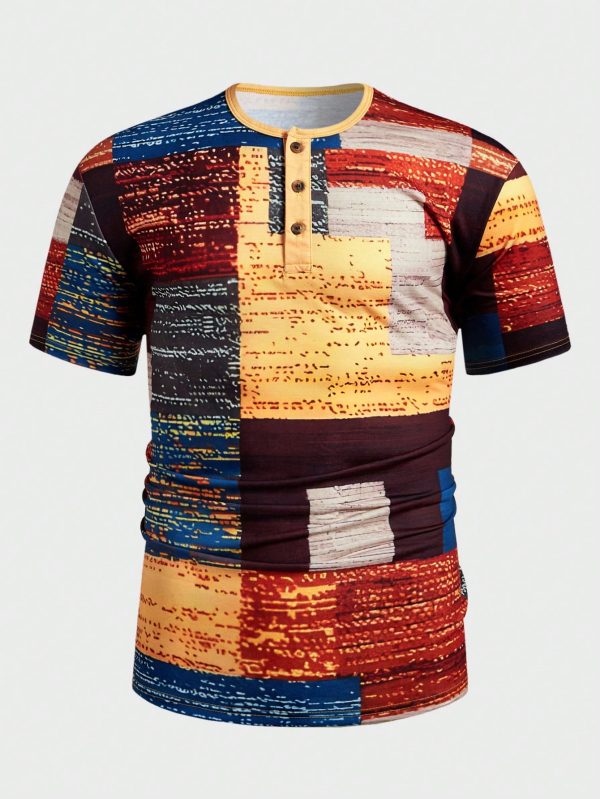 Men's Casual Henry Neck Short Sleeve T-Shirt, Multi-Color, Summer