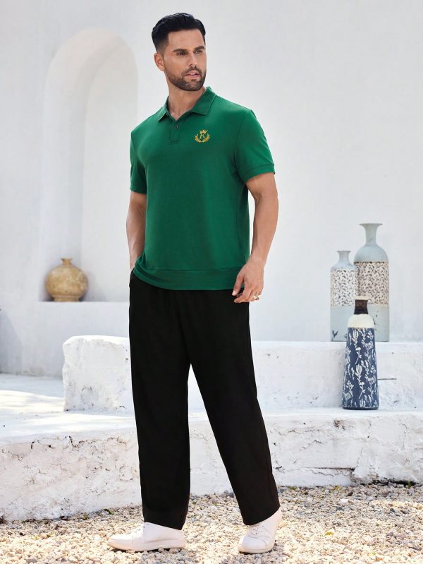 Men's Green Button-Collar Polo Shirt With Golden Embroidery, Casual Everyday