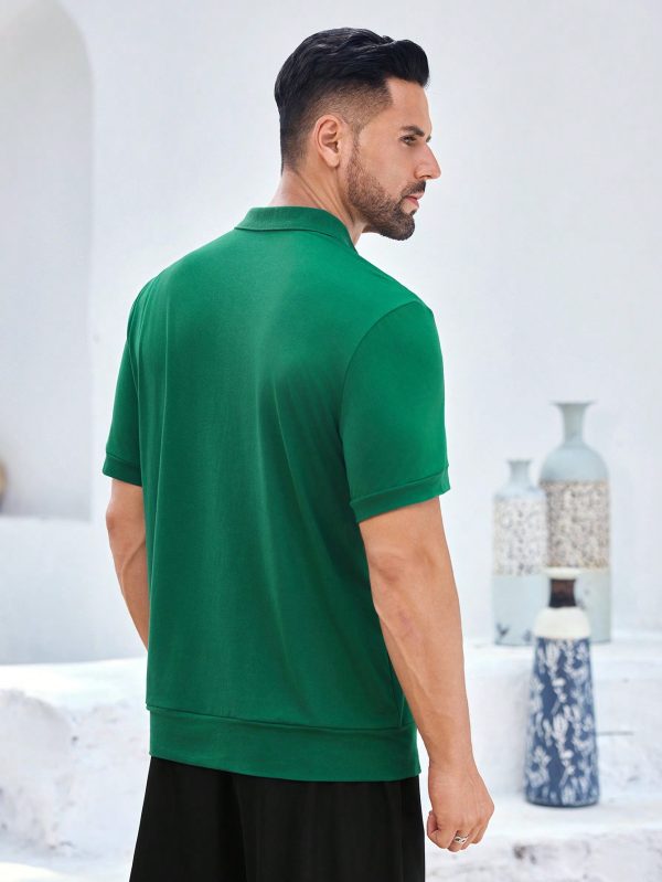 Men's Green Button-Collar Polo Shirt With Golden Embroidery, Casual Everyday