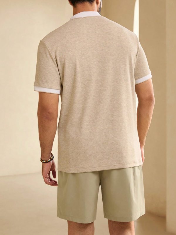 Men's Color Block Zipper Polo Shirt And Pocketed Drawstring Shorts Summer Casual Outfit