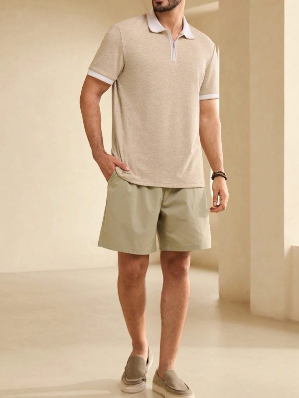 Men's Color Block Zipper Polo Shirt And Pocketed Drawstring Shorts Summer Casual Outfit