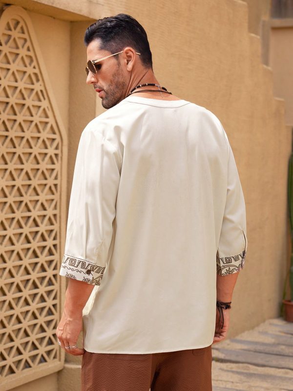 Men's Fashion Printed Mid Length Sleeve V Neck Shirt , Long Button Up Collar Graphic Colorful Khaki Going Out