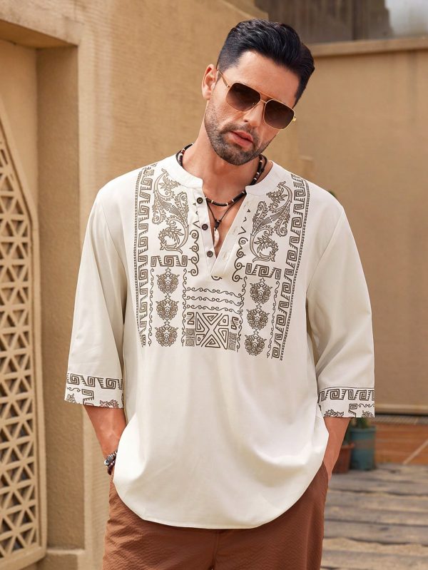 Men's Fashion Printed Mid Length Sleeve V Neck Shirt , Long Button Up Collar Graphic Colorful Khaki Going Out