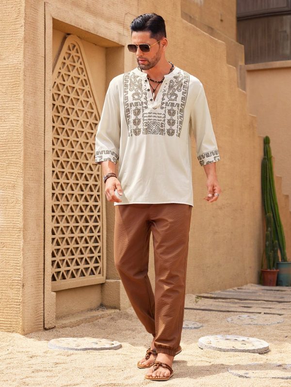 Men's Fashion Printed Mid Length Sleeve V Neck Shirt , Long Button Up Collar Graphic Colorful Khaki Going Out