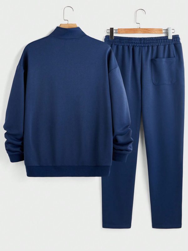 Men's Solid Color Dropped Shoulder Long Sleeve Half-Placket Sweatshirt And Sweatpants Loose Set, Autumn Winter