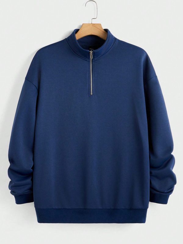 Men's Solid Color Dropped Shoulder Long Sleeve Half-Placket Sweatshirt And Sweatpants Loose Set, Autumn Winter