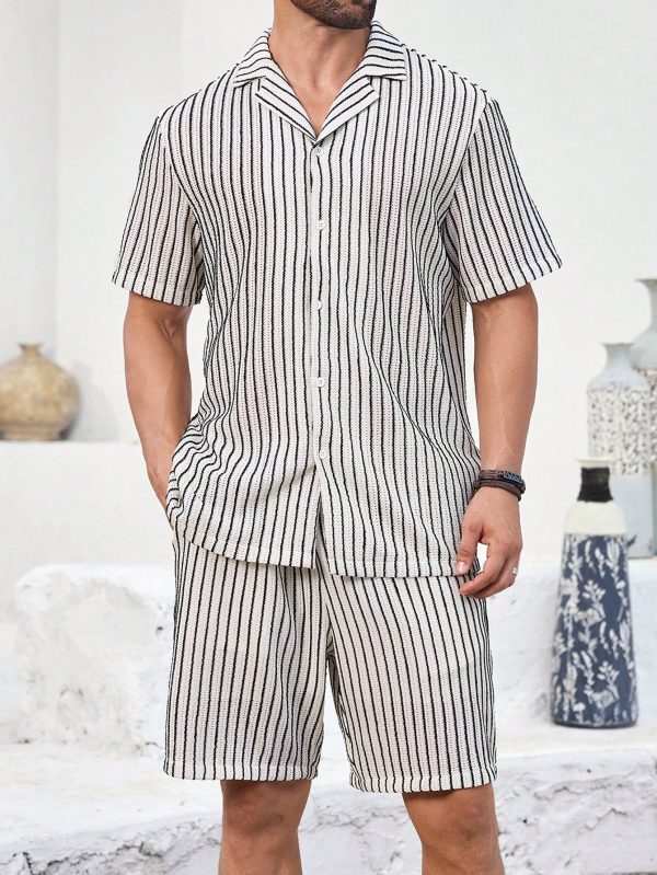 Men Striped HollowCollar Shirt And Shorts Casual Suit