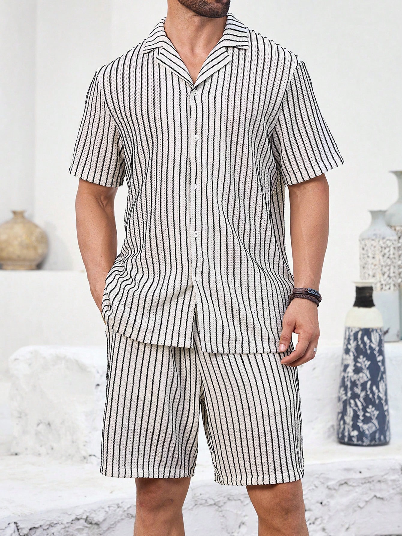 Men Striped HollowCollar Shirt And Shorts Casual Suit