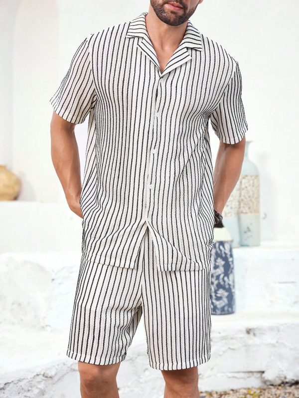 Men Striped HollowCollar Shirt And Shorts Casual Suit