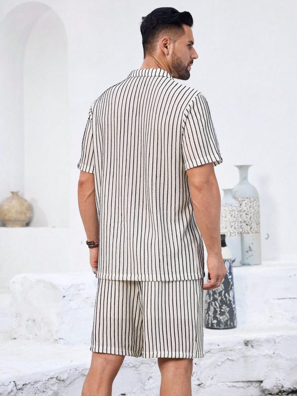 Men Striped HollowCollar Shirt And Shorts Casual Suit