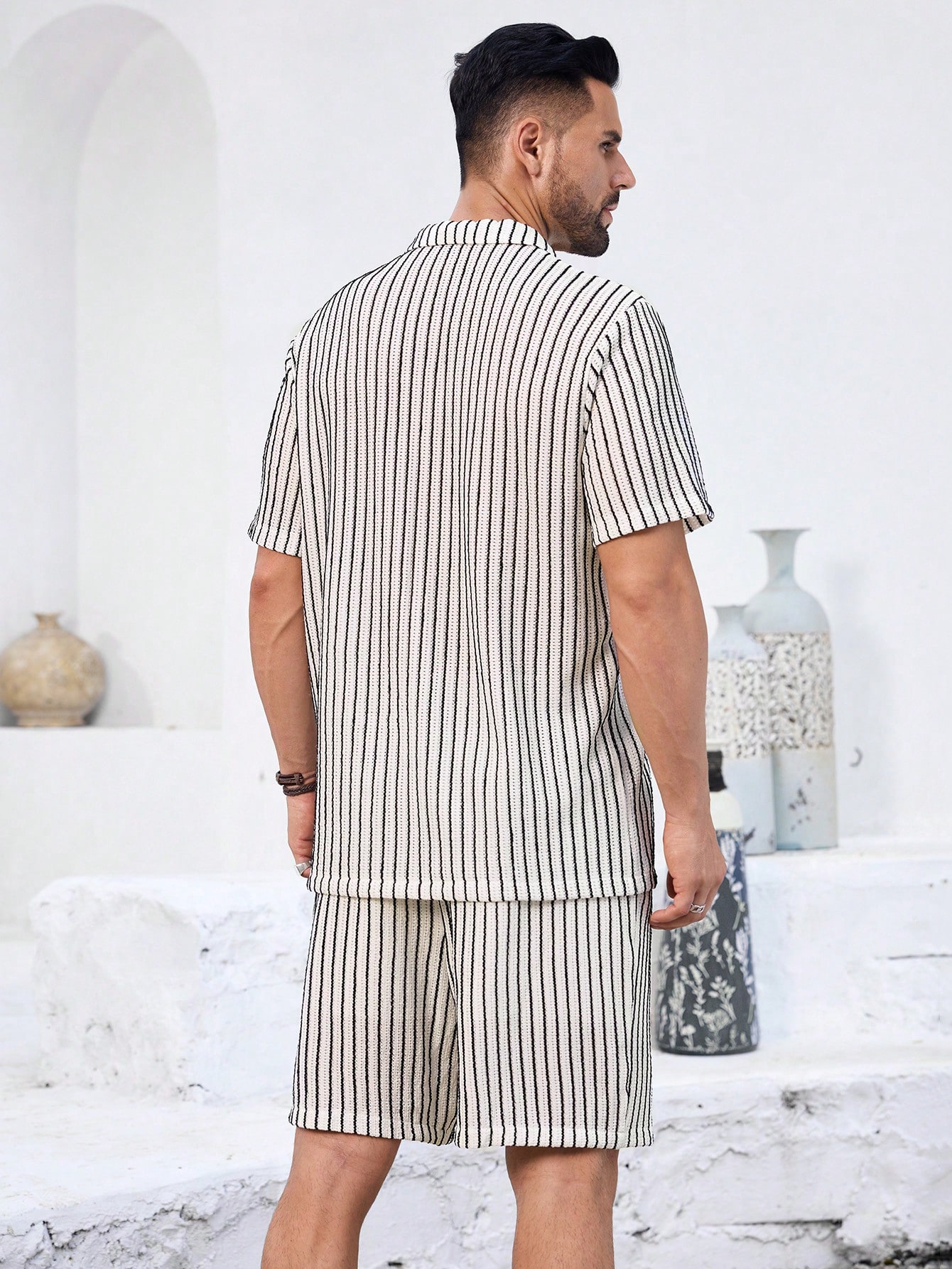 Men Striped HollowCollar Shirt And Shorts Casual Suit