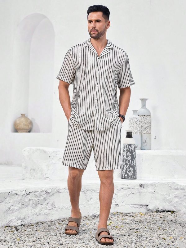 Men Striped HollowCollar Shirt And Shorts Casual Suit