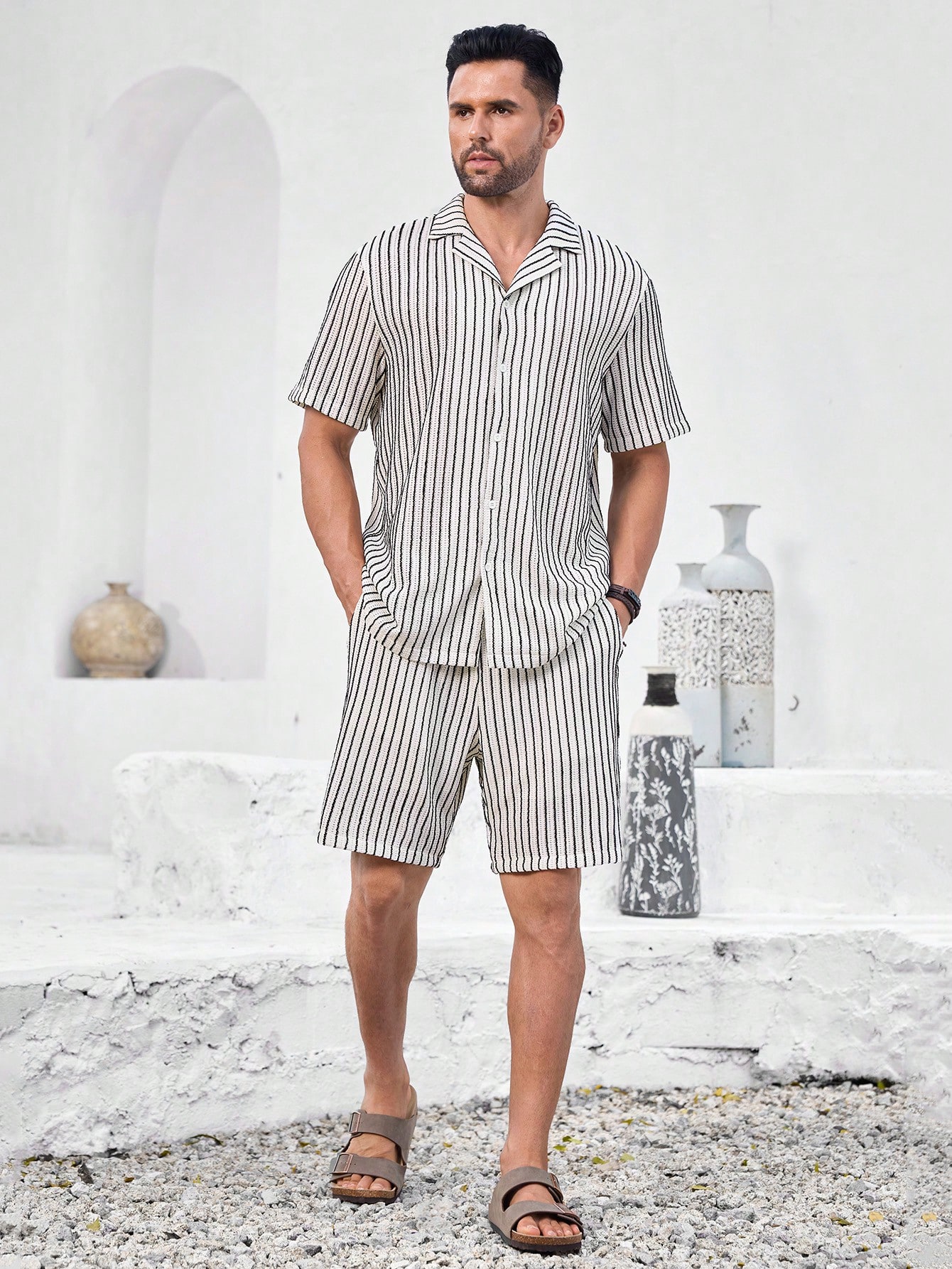 Men Striped HollowCollar Shirt And Shorts Casual Suit