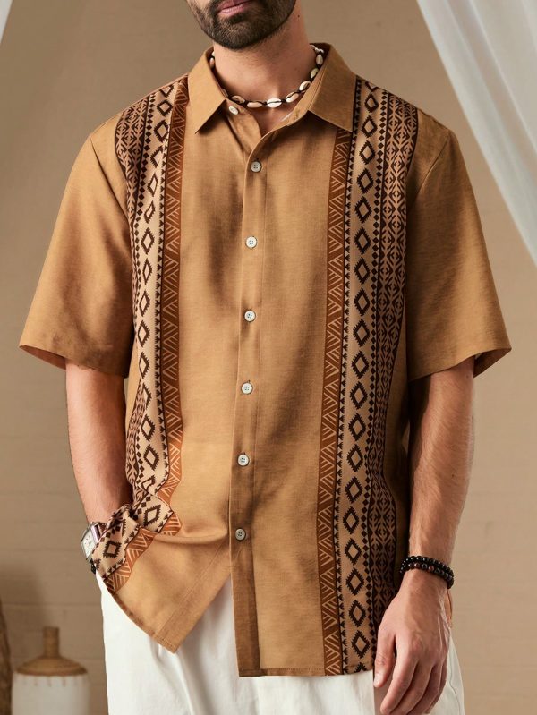 Men Summer Holiday Geometric Printed Short Sleeve Casual Loose Shirt Button Up Collar Graphic Color Block Vacation Shirt