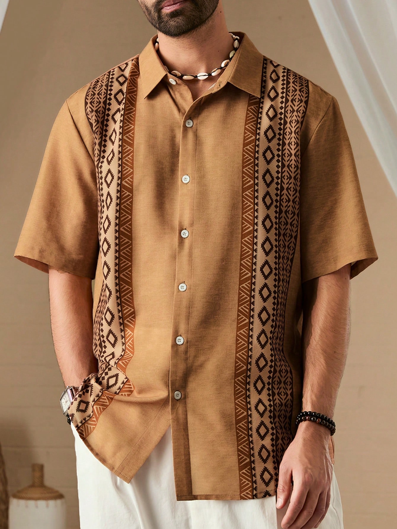 Men Summer Holiday Geometric Printed Short Sleeve Casual Loose Shirt Button Up Collar Graphic Color Block Vacation Shirt