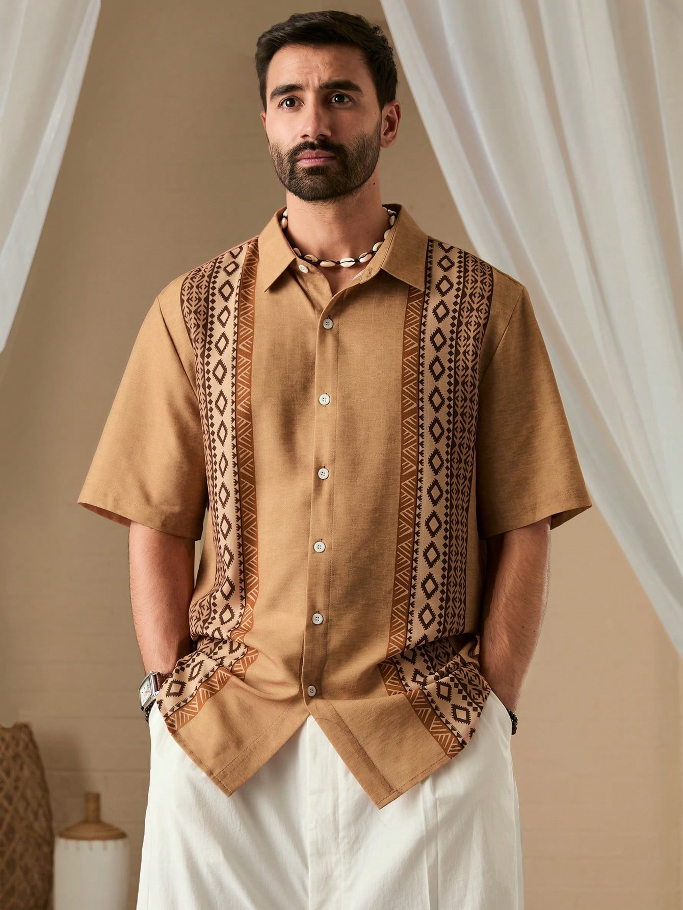 Men Summer Holiday Geometric Printed Short Sleeve Casual Loose Shirt Button Up Collar Graphic Color Block Vacation Shirt