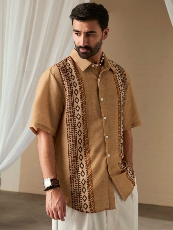 Men Summer Holiday Geometric Printed Short Sleeve Casual Loose Shirt Button Up Collar Graphic Color Block Vacation Shirt
