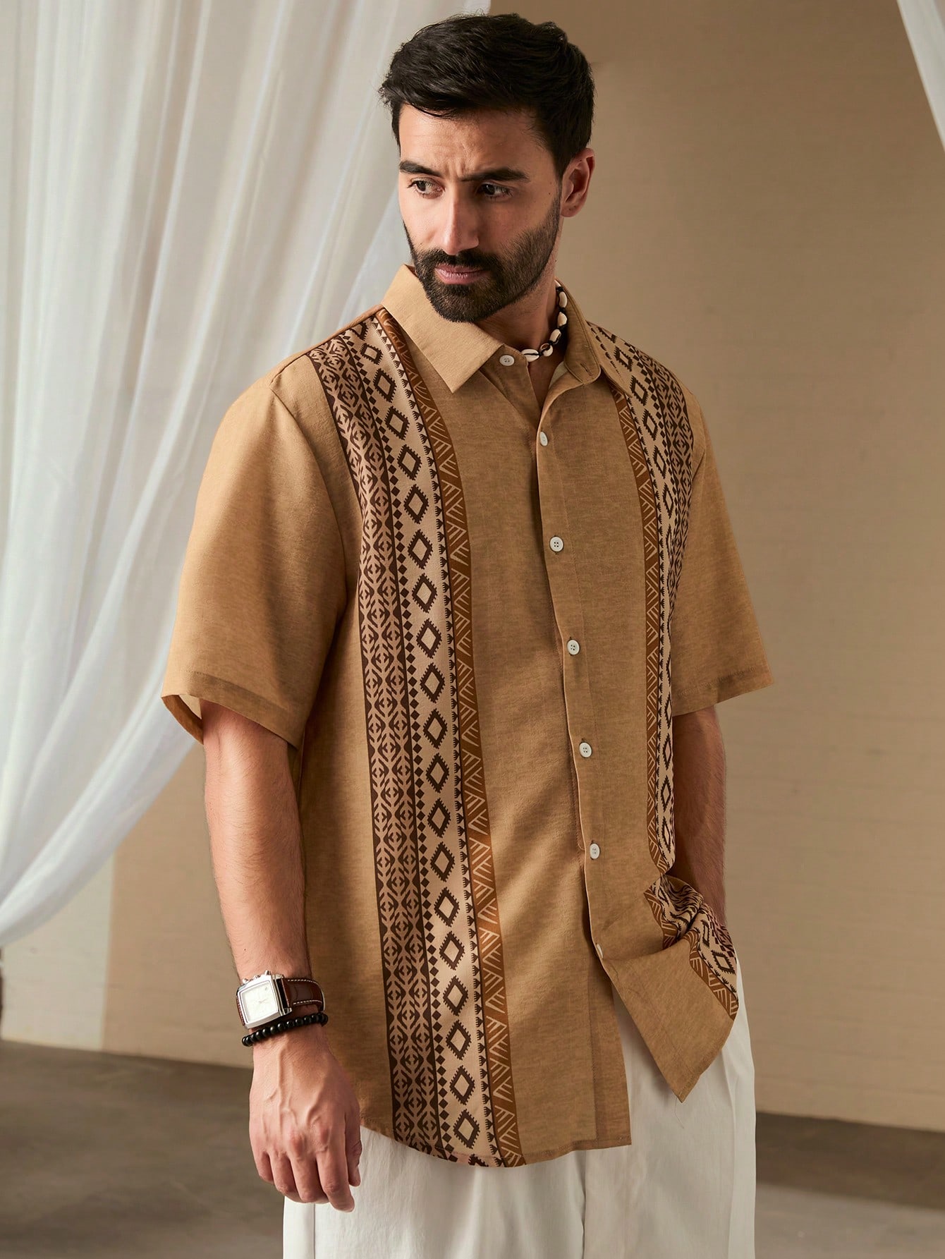 Men Summer Holiday Geometric Printed Short Sleeve Casual Loose Shirt Button Up Collar Graphic Color Block Vacation Shirt